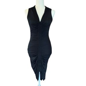 All Saints Ruched Bodycon Dress Draped Black Jersey Stretch Knit V Neck Womens 2